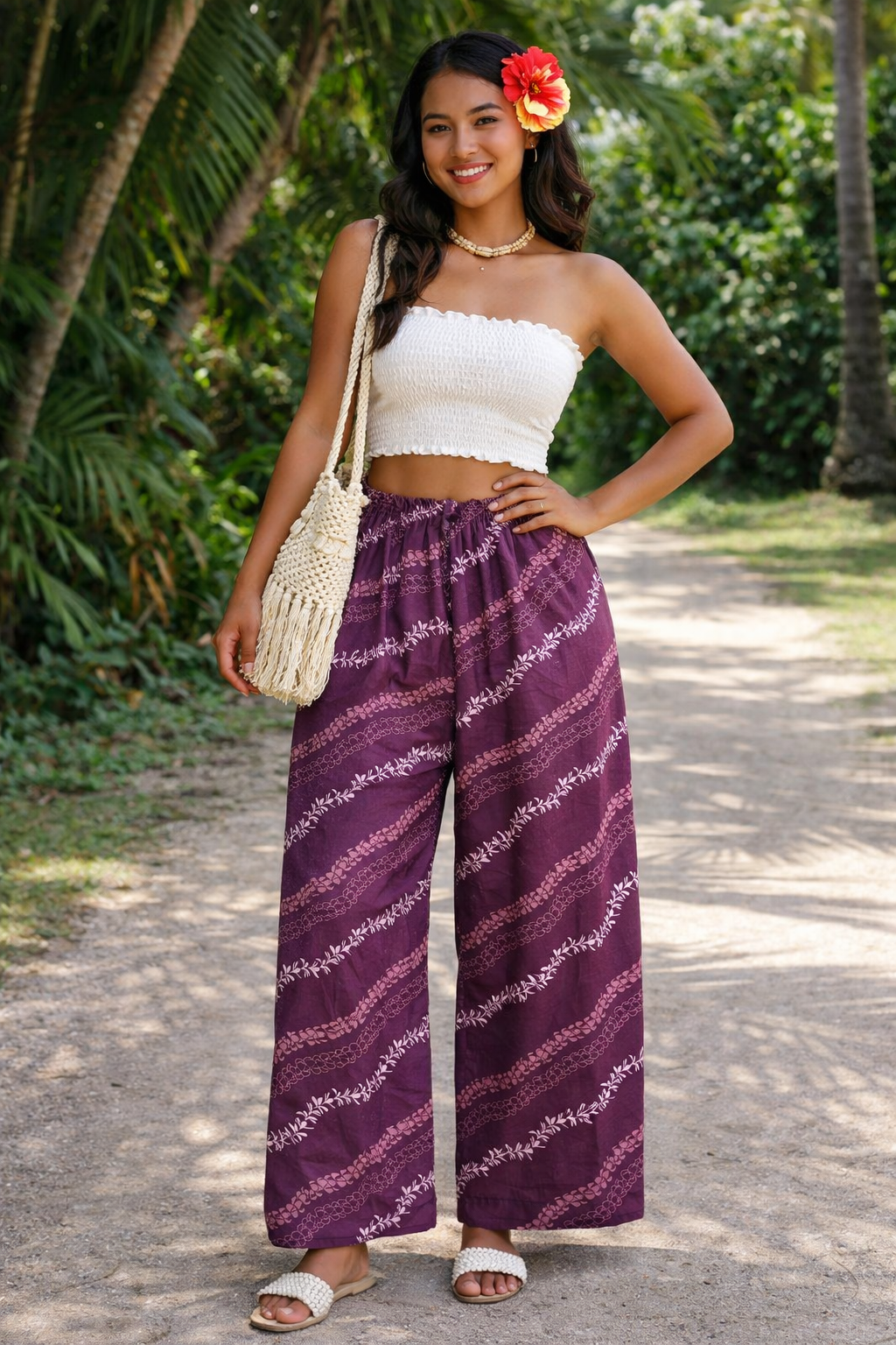 Avaeloa Pants - Purple Polynesian Pattern Wide-Leg Pants